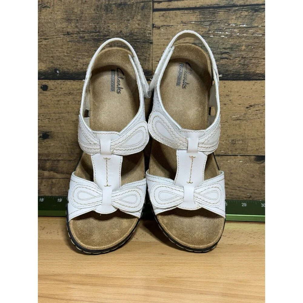 🔥Clarks Sandals Womens 7 Lexi Walnut Q Slingback White Block Heels- EXCELLENT!!